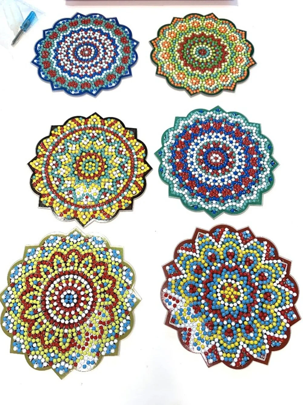 Handmade Diamond Painting Coaster Set of Six with Stand and Original Box Mandala